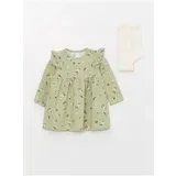 LC Waikiki Crew Neck Long Sleeved Printed Baby Girl Dress and Pantyhose 2-Pair Set