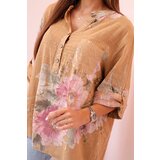Kesi Włoski Women's cotton blouse with a floral pattern and buttons - camel | shoptok.hr