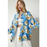  Women's Blue Yellow Patterned Oversize Flowy Viscose Shirt | Shoptok.si