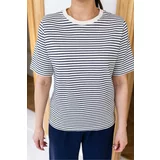 Laluvia Ecru-Navy Blue Striped Crew Neck Cotton T-Shirt