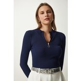  Women's Navy Blue Zipper Collar Knitted Blouse | Shoptok.si