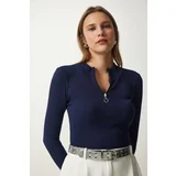  Women's Navy Blue Zipper Collar Knitted Blouse
