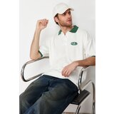 Trendyol Ecru Men's Oversize/Wide Cut Text Embroidered Towel Fabric Buttoned Polo Collar T-Shirt Cene