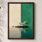 Wallxpert uramljena MDF slika 3752KACT-058, kućica sa drvetom na ostrvcetu i čamac na mirnoj vodi, 37 x 52 cm Cene