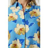  Women's Blue Yellow Patterned Oversize Flowy Viscose Shirt | Shoptok.si
