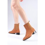 Mio Gusto Shania Tan Color Thin Fur Lined Elasticated Flat Toe Women's Heeled Boots Cene