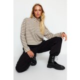 Trendyol Light Beige Striped Thessaloniki Zippered Standing Collar Regular/Regular Knitted Sweatshirt | Shoptok.si