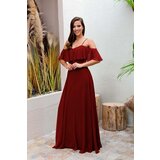 Carmen Claret Red Evening Dress with Low Sleeves and Straps Cene