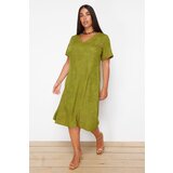 Trendyol Curve Khaki V-Neck Jacquard Floral Patterned Woven Plus Size Dress | Shoptok.si