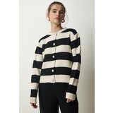 Happiness İstanbul Women's Cream Black Stylish Buttoned Striped Knitwear Cardigan Cene