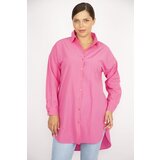 Şans Women's Plus Size Pink Poplin Fabric Front Buttoned Side Slit Tunic cene