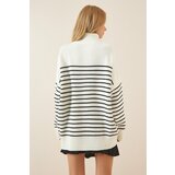 Women's Ecru Black Zippered Stand Up Collar Striped Oversize Sweater | Shoptok.si