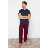 Trendyol Men's Navy Blue Regular Fit Plaid Knitted Pajama Set