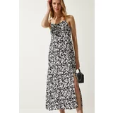 Happiness İstanbul Women's Black and White Strap Patterned Viscose Dress