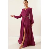 By Saygı Plum Chiffon Long Dress with Balloon Sleeves and Pleats in the Front. Cene
