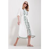 Trend Alaçatı Stili Women's White Large Collar Front Buttoned Skirt Frilly Maxi Length Embroidered Dress Cene
