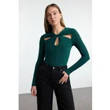 Trendyol Emerald Green Cut Out and Gathered Detailed Fitted/Fits Body Elastic Snap Knit Bodysuit