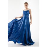 Lafaba Women's Blue Stone Strap Draped Flared Cut Long Evening Dress Cene
