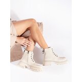 Shelvt Women's leather beige lace-up ankle boots | shoptok.hr