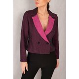 armonika Women's Fuchsia Double Breasted Collar Two Color Stamp Crop Jacket Cene