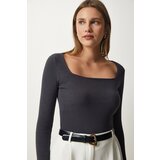  Women's Anthracite Square Collar Corded Knitted Blouse Cijene