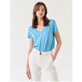 Jimmy Key Sky Blue Straight Cut V-Neck Short Sleeve Knitted Basic T-Shirt cene