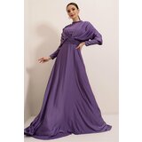 By Saygı Lilac Front Back Pleated Sleeves Button Detailed Lined Long Satin Dress. Cene