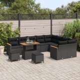 vidaXL 12-delni vrtni sofa set z blazinami Črna poli ratan akacija | Shoptok.si