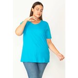Şans Women's Plus Size Turquoise Cotton Fabric V-Neck Short Sleeve Blouse Cene