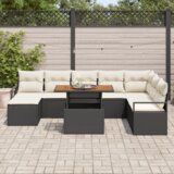 vidaXL 9-delni vrtni kavč set z blazinami črn poli ratan akacijev | Shoptok.si