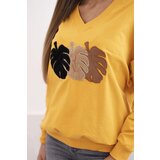 Kesi Women's sweatshirt with a V-neck and velvet leaf mustard | shoptok.hr