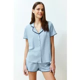 Trendyol Blue Premium Embroidery Detailed Modal Shirt-Shorts Knitted Pajamas Set