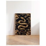 Wallxpert uramljena slika 115249, zlatna zmija sa baroknim ornamentima na crnoj pozadini, 30 x 40 cm, ram u boji prirodnog drveta | Eponuda.com