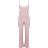 Trendyol Powder Striped Lace Detailed Cotton Undershirt-Pants Knitted Pajama Set Cene