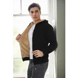 Dewberry 14455 Furry Hooded Mens Sports Slim Fit Cardigan-BLACK