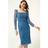 Lafaba Women's Indigo Square Neck Silvery Midi Evening Dress | shoptok.hr