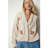 Happiness İstanbul Women's Cream Embroidery Knitted Pattern Sweater Cardigan PA0009 Cene