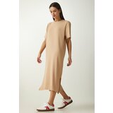 Happiness İstanbul Women's Beige Crew Neck Knitted Ribbed Dress Cene