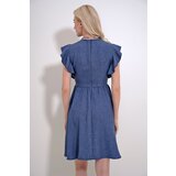 Trend Alaçatı Stili Women's Indigo V-Neck Flounce Sleeves Back Zippered Aerobin Linen Woven Dress | Eponuda.ba