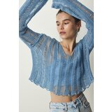 Happiness İstanbul Women's Light Blue V-Neck Ripped Detail Seasonal Crop Knitwear Sweater Cene