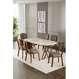 Hanah home trpezarijski set Flori, sto i 6 stolica, ploča u dekoru travertina, noge sa završnom obradom u izgledu drveta, kapućino tkanina Babyface | Eponuda.com
