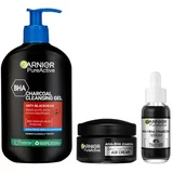 Garnier Pure Active AHA + BHA Charcoal Serum Set serum za lice 30 ml + gel za čišćenje lica 250 ml + dnevna krema za lice 50 ml unisex