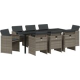 vidaXL 9-dijelni set za objedovanje u vrtu s jastučićima Sivi Poli Ratan, Vrtni stol Crni 200x80x73 cm Staklo otporno na udarce | shoptok.hr