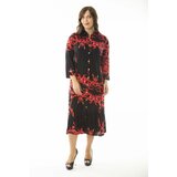 Şans Women's Plus Size Red Woven Viscose Fabric Front Length Buttoned Long Sleeve Dress Cene