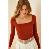Happiness İstanbul Women's Tile Square Collar Corduroy Knitted Blouse Cene