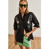 Olalook Women's Violet Black Embroidery Detailed Oversize Woven Shirt
