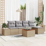 vidaXL Set 6 kosov vrtne sedežne garniture z blazinami Bež Poli ratan Akacija | Shoptok.si