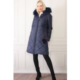 Dewberry Z6646 DEWBERRYN FUR POMPOM LADIES' COAT-NAVY BLUE | shoptok.hr