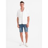 Ombre Men's short denim shorts with rubbing and rolled up leg - blue | Shoptok.si