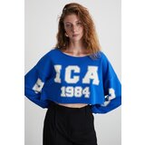 Grimelange Tılde Women's Soft, Inside Raised Print Detailed Regular Organic Cotton Knitted Crop Dark Blue Blouse | ePonuda.com